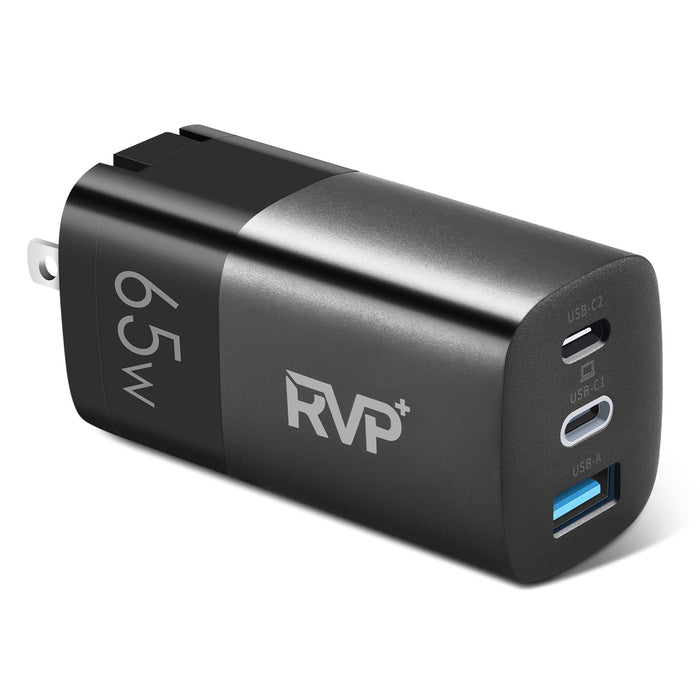 RVP+ 65W USB C and USB A Charger, (GaN) Tech Power Adapter, 3-Port Wall Charger, Foldable Fast Charger