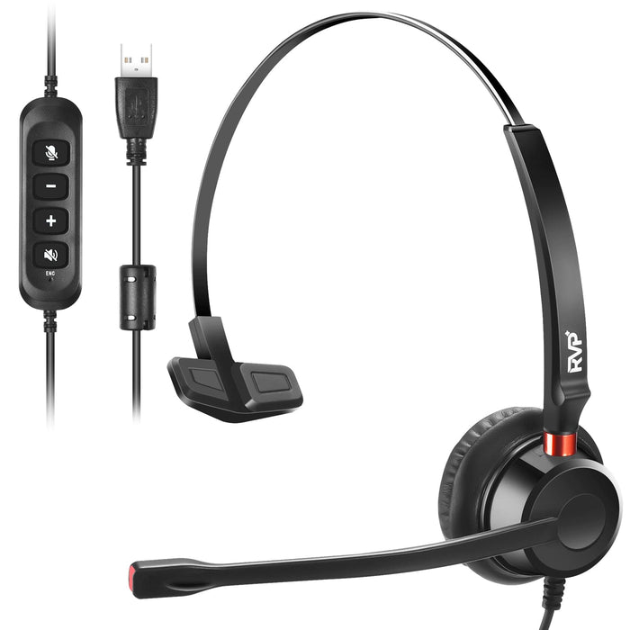 RVP+ USB Plug Corded Noise Canceling Headset with Microphone, Single Ear Headset with Mic, Call Center Headset for Laptop Computer - Black