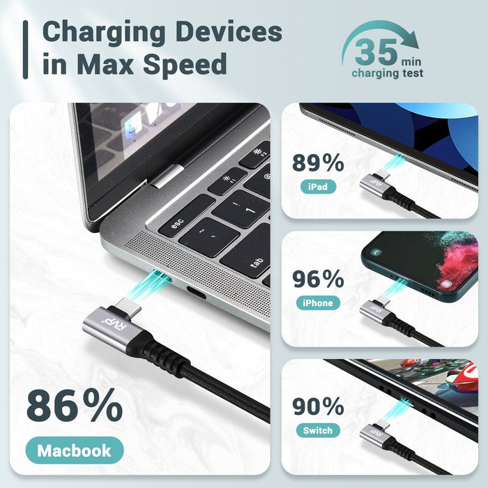 RVP+ USB C Cable 90 Degree (2Pack, 240W), Type C to Type C Cable, PD 3.1 Fast Charging Cable Up Down Angle - Grey