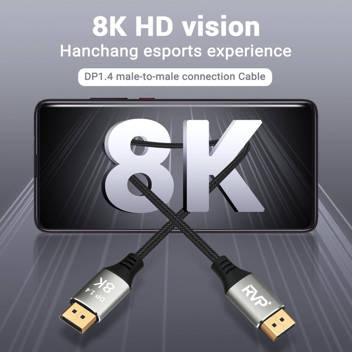 RVP+ 8K DisplayPort Cable DP to DP1.4 Cable (32.4Gbps, 2Pack), Supports 8K at 60Hz and 4K at 144Hz, Ultra Slim Flexible - Grey