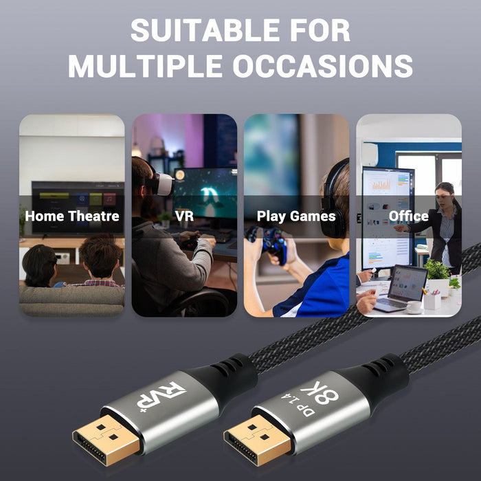 RVP+ 8K DisplayPort Cable DP to DP1.4 Cable (32.4Gbps, 2Pack), Supports 8K at 60Hz and 4K at 144Hz, Ultra Slim Flexible - Grey