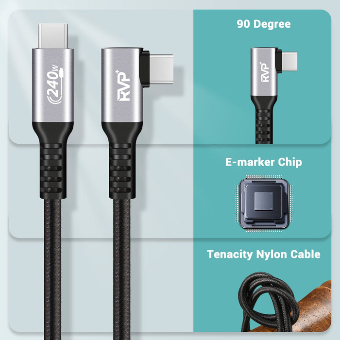 RVP+ USB C Cable 90 Degree (2Pack, 240W), Type C to Type C Cable, PD 3.1 Fast Charging Cable Up Down Angle - Grey