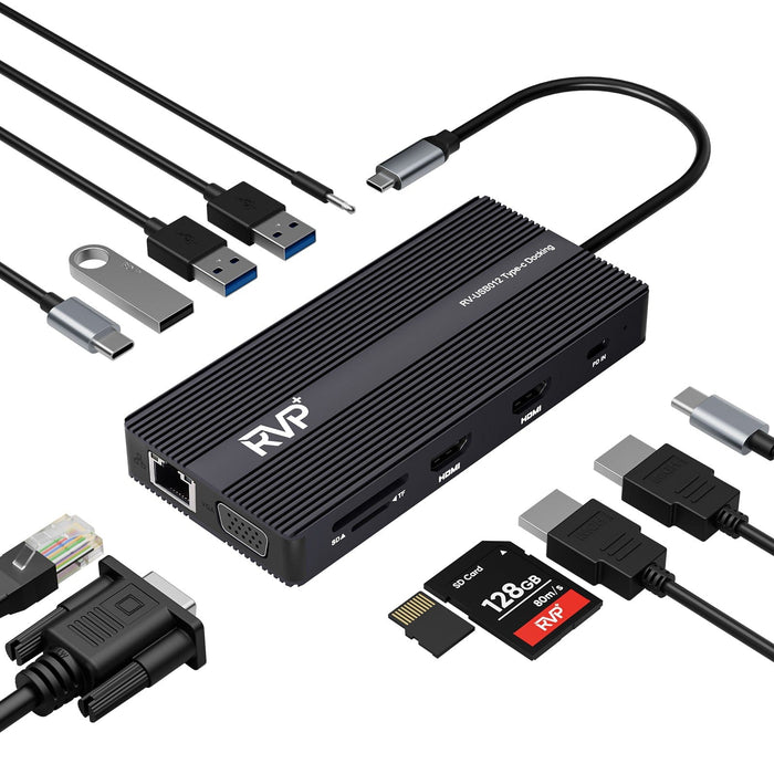 RVP+ Docking Station 3 Monitors, 12-in-1, Tri-Display - 4K HDMI Dual Monitors, 5Gbps USB-C-A Data Transfer, USB 3.0, 100W Laptop-Charging, Gigabit Ethernet, Audio, SD-TF Dongle (RVP-USB012)