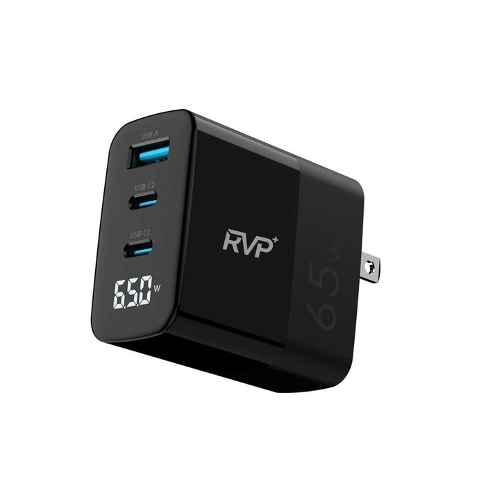 RVP+ 65W GaN USB-C Wall Charger – 3-Port Fast Charging Power Adapter for Laptops, Phones & Tablets – Black