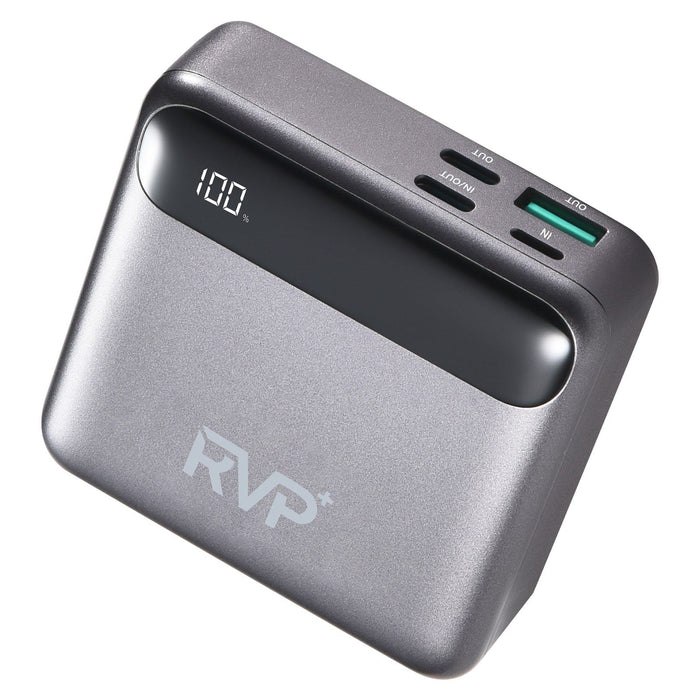 RVP+ 10,000mAh Slim Power Bank – Portable Fast Charger with USB-C, USB-A & Lightning – Gray
