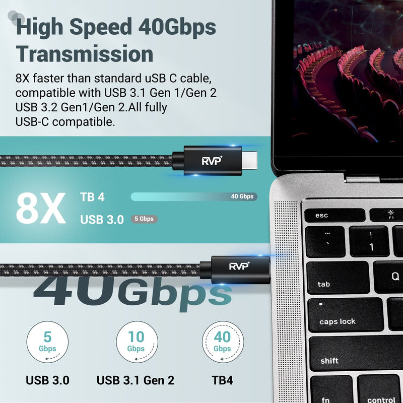 RVP+ USB4 Thunderbolt 4 Cable 240w, 40Gbps 8K Video Fast Charging USB-C to USB-C Cable - Black
