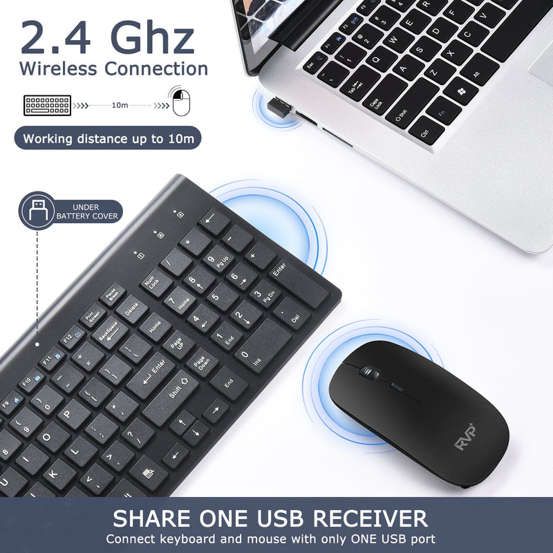 RVP+ Wireless Keyboard and Mouse Ultra Slim Combo, 2.4GHz Cordless USB Mouse and Keyboard PC Laptop Computer - Black