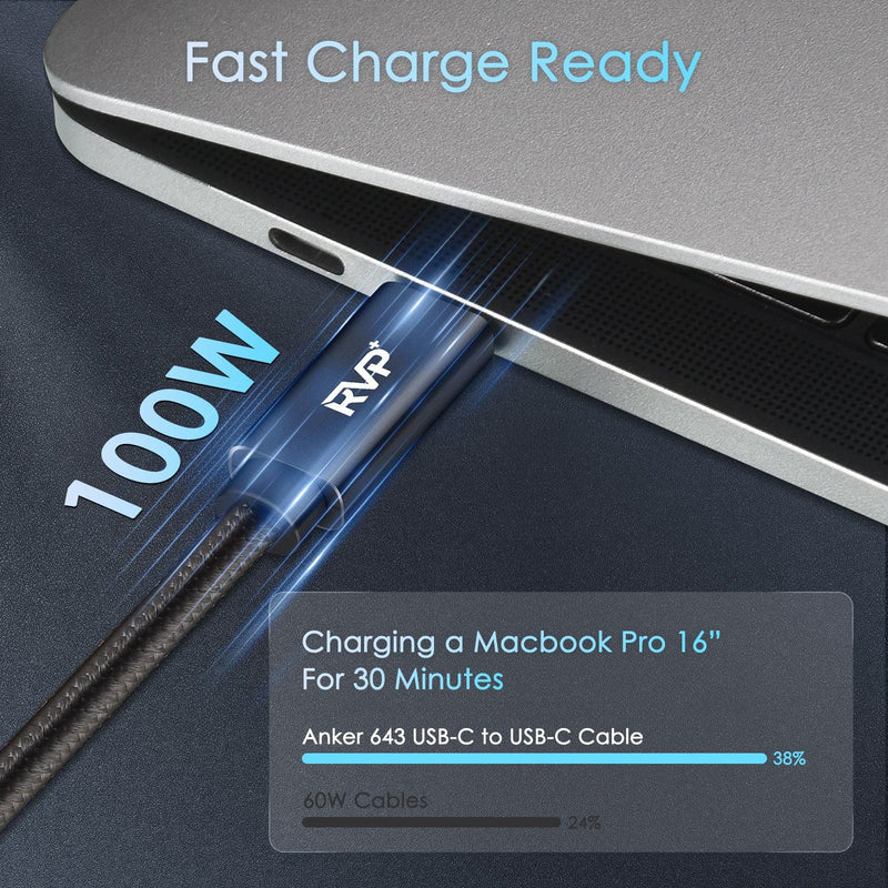 RVP+ USB C to USB C Cable (2Pack, 100W), Nylon Braided 3.2 Gen 2 USB-C Cable, 20Gbps Fast Charging Cable - Black