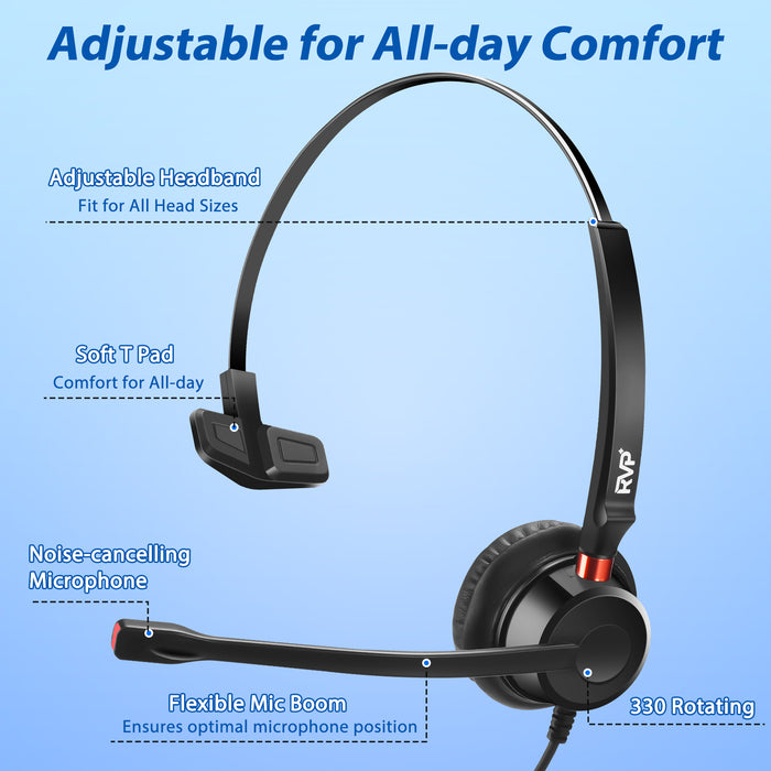 RVP+ USB Plug Corded Noise Canceling Headset with Microphone, Single Ear Headset with Mic, Call Center Headset for Laptop Computer - Black