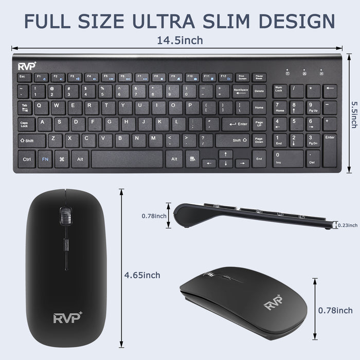 RVP+ Wireless Keyboard and Mouse Ultra Slim Combo, 2.4GHz Cordless USB Mouse and Keyboard PC Laptop Computer - Black