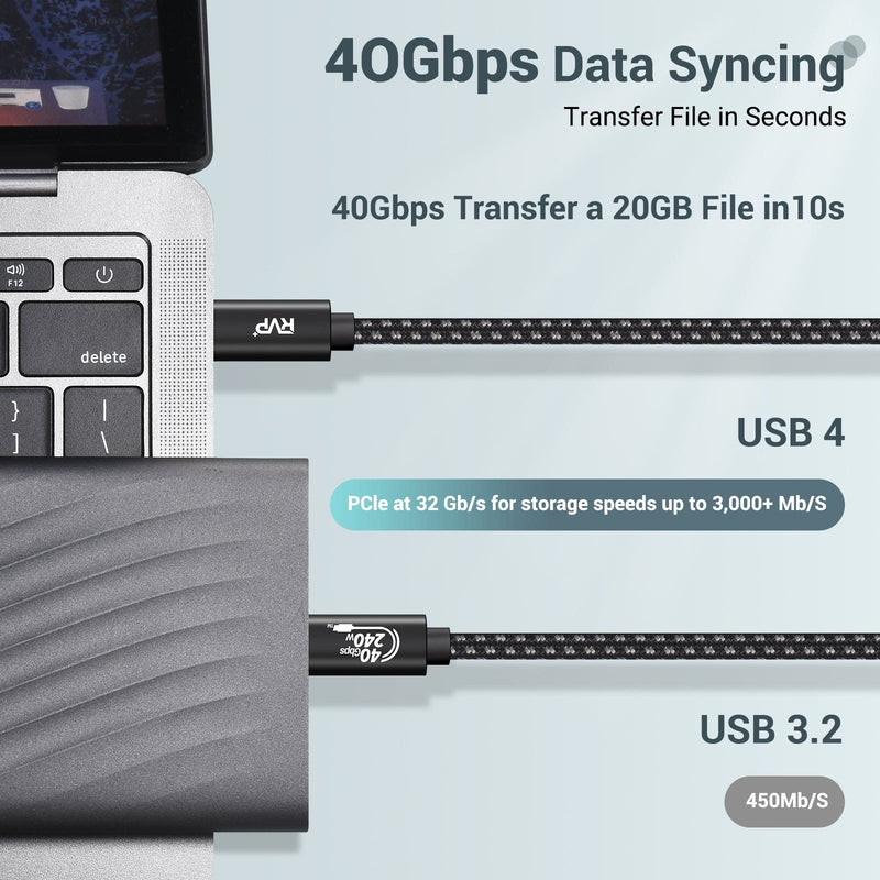 RVP+ USB4 Thunderbolt 4 Cable 240w, 40Gbps 8K Video Fast Charging USB-C to USB-C Cable - Black