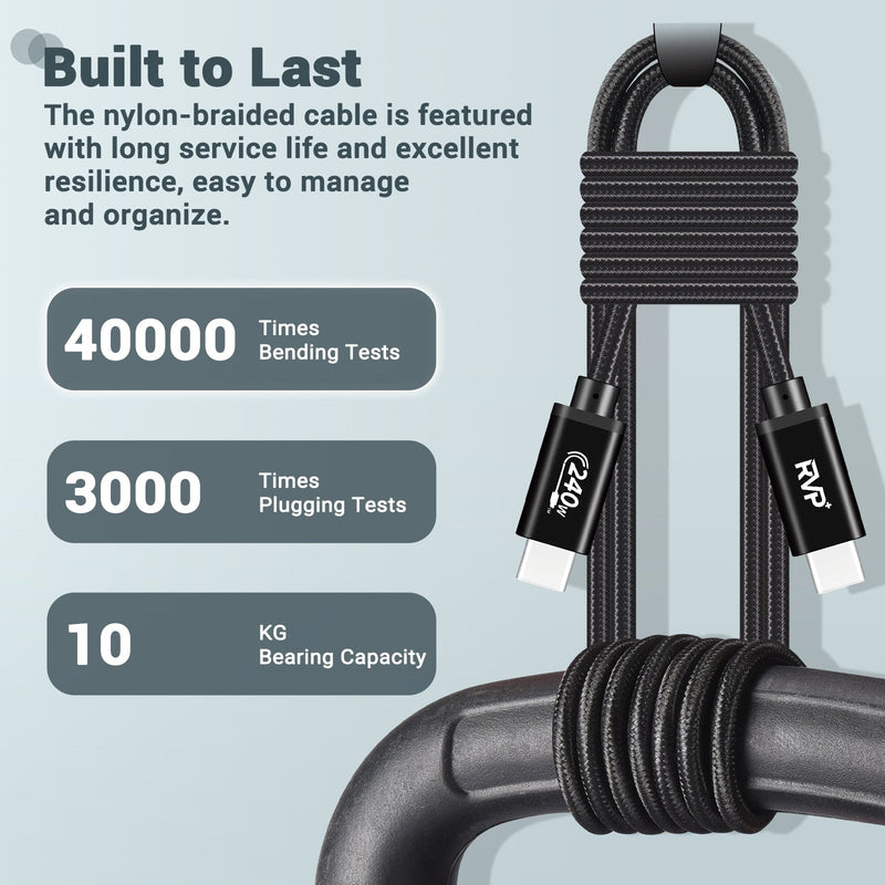 RVP+ USB C 2.0 to USB C Data Cable (2Pack, 240W), Nylon Braided 48V 5A USB C Fast Charging Cable, TPE Jacket - Black