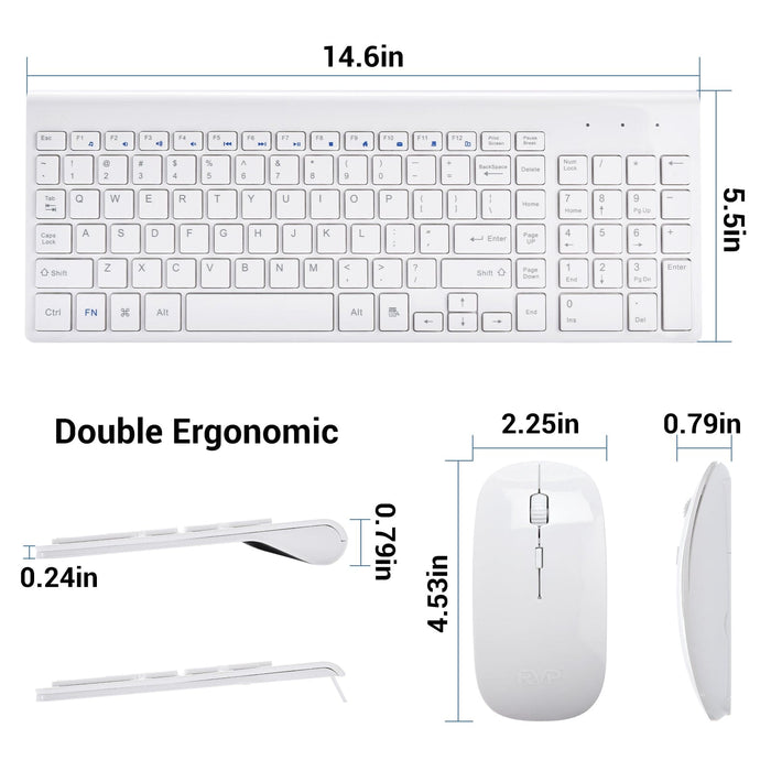 RVP+ Wireless Keyboard and Mouse Ultra Slim Combo, 2.4GHz Cordless USB Mouse and Keyboard PC Laptop Computer - White