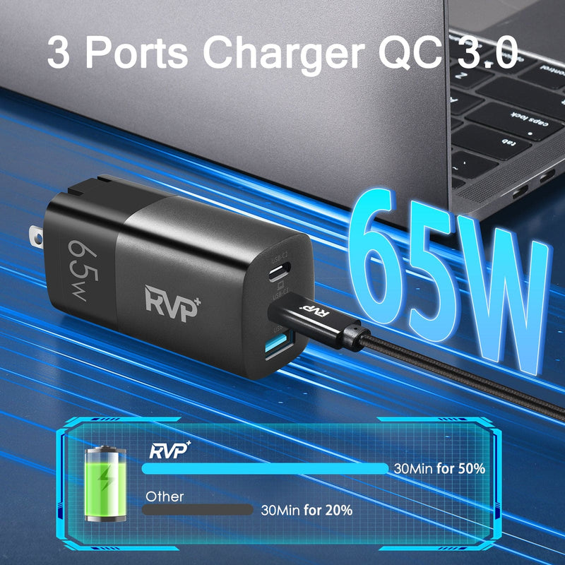 RVP+ 65W USB C and USB A Charger, (GaN) Tech Power Adapter, 3-Port Wall Charger, Foldable Fast Charger