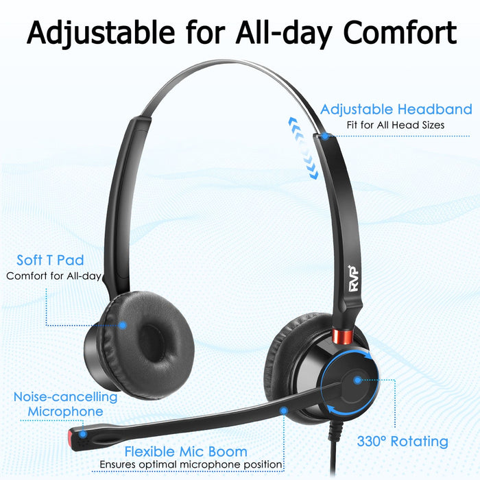 RVP+ Stereo USB Headset with Environmental Noise Cancelation (ENC), Wired Headset with Mic, Call Center Headset for Laptop Computer - Black