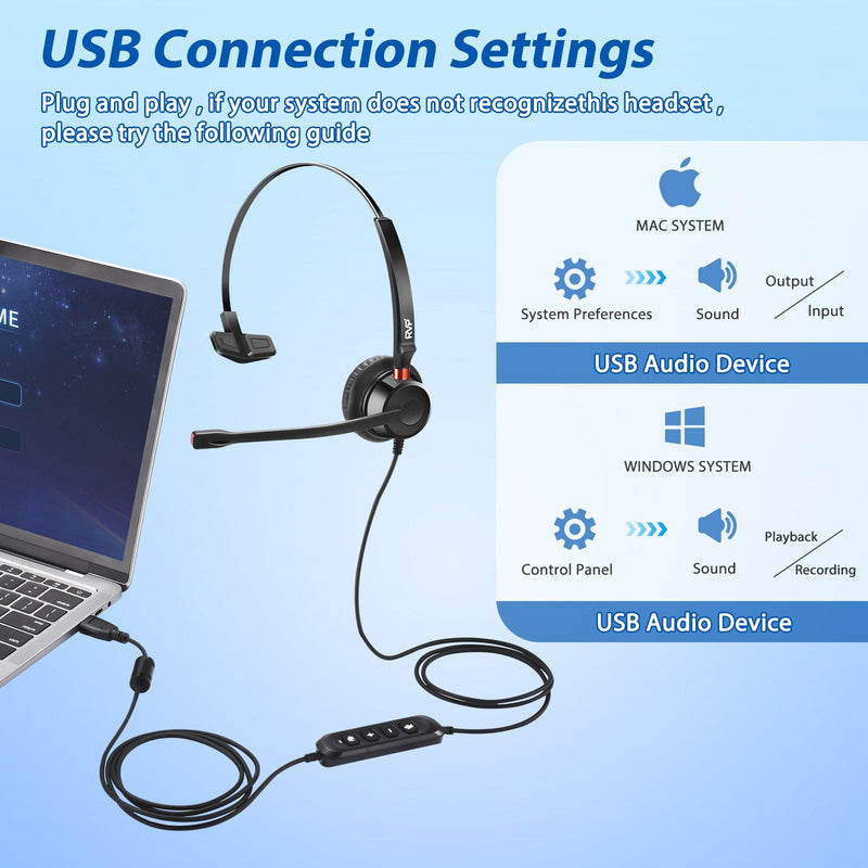 RVP+ USB Plug Corded Noise Canceling Headset with Microphone, Single Ear Headset with Mic, Call Center Headset for Laptop Computer - Black