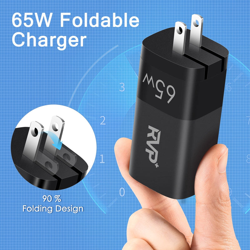 RVP+ 65W USB C and USB A Charger, (GaN) Tech Power Adapter, 3-Port Wall Charger, Foldable Fast Charger