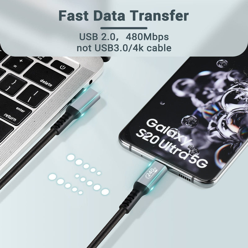 RVP+ USB C Cable 90 Degree (2Pack, 240W), Type C to Type C Cable, PD 3.1 Fast Charging Cable Up Down Angle - Grey