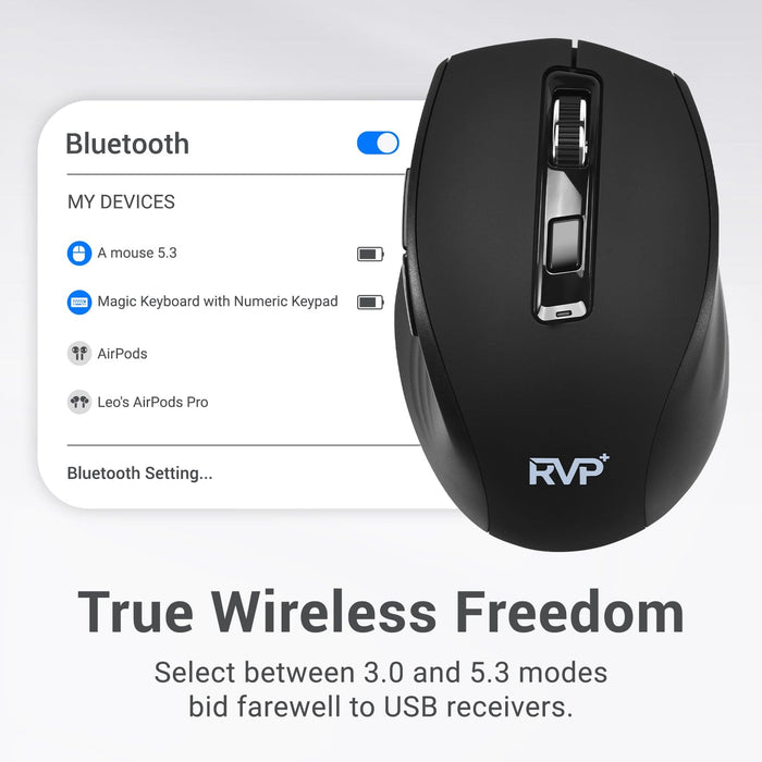 RVP+ 2.4GHz Wireless Mouse, DPI 800/1200/1600, Cordless Mouse for Laptop Computer, Desktop PC, 1x AAA Battery - Black