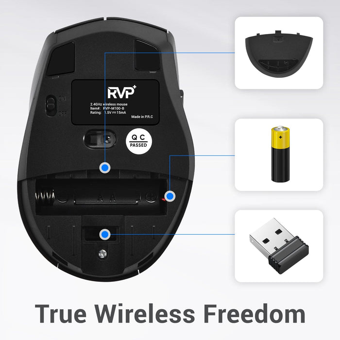 RVP+ 2.4GHz Wireless Mouse, DPI 800/1200/1600, Cordless Mouse for Laptop Computer, Desktop PC, 1x AAA Battery - Black