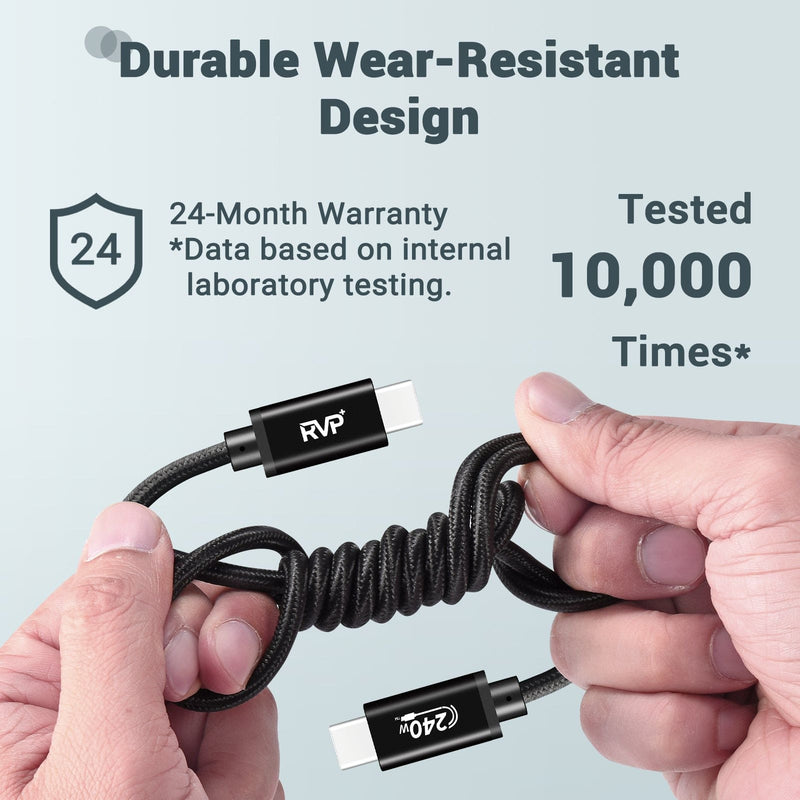 RVP+ USB C 2.0 to USB C Data Cable (2Pack, 240W), Nylon Braided 48V 5A USB C Fast Charging Cable, TPE Jacket - Black