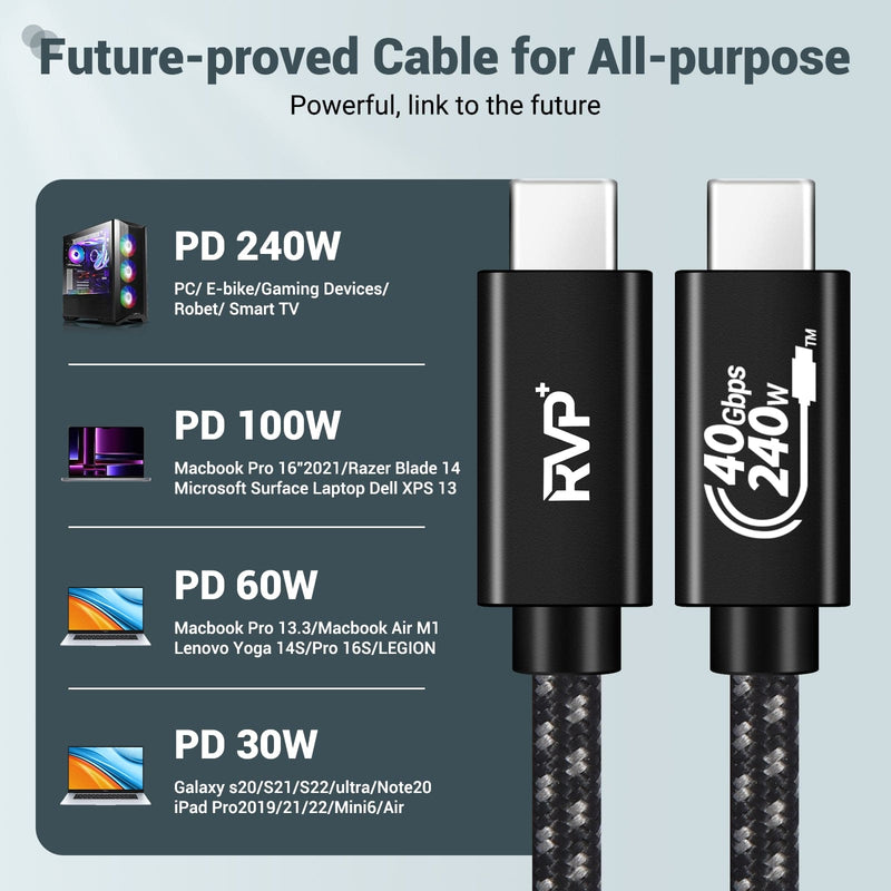 RVP+ USB4 Thunderbolt 4 Cable 240w, 40Gbps 8K Video Fast Charging USB-C to USB-C Cable - Black