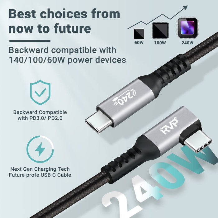RVP+ USB C Cable 90 Degree (2Pack, 240W), Type C to Type C Cable, PD 3.1 Fast Charging Cable Up Down Angle - Grey