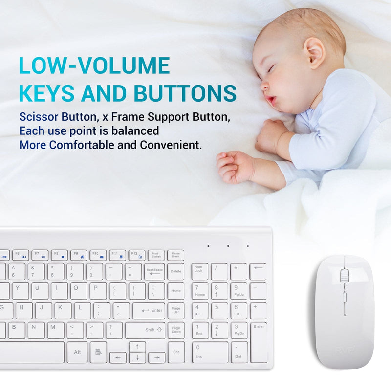 RVP+ Wireless Keyboard and Mouse Ultra Slim Combo, 2.4GHz Cordless USB Mouse and Keyboard PC Laptop Computer - White