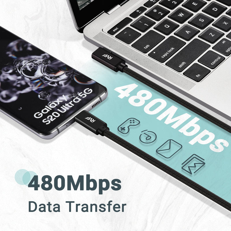 RVP+ 90 Degree USB C to USB C Cable (20Gbps, 2Pack), 100W Right Angle USB C Charger, 4K Video Output with E-Marker for Thunderbolt 4/3 - Black