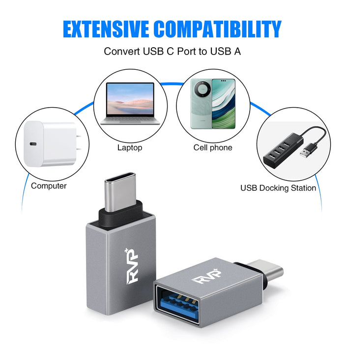 RVP+ USB C to USB 3.0 Adapter, USB C to A Male to Female Adapter (5Gbps, 5Pack), USB C to USB OTG Adapter - Grey