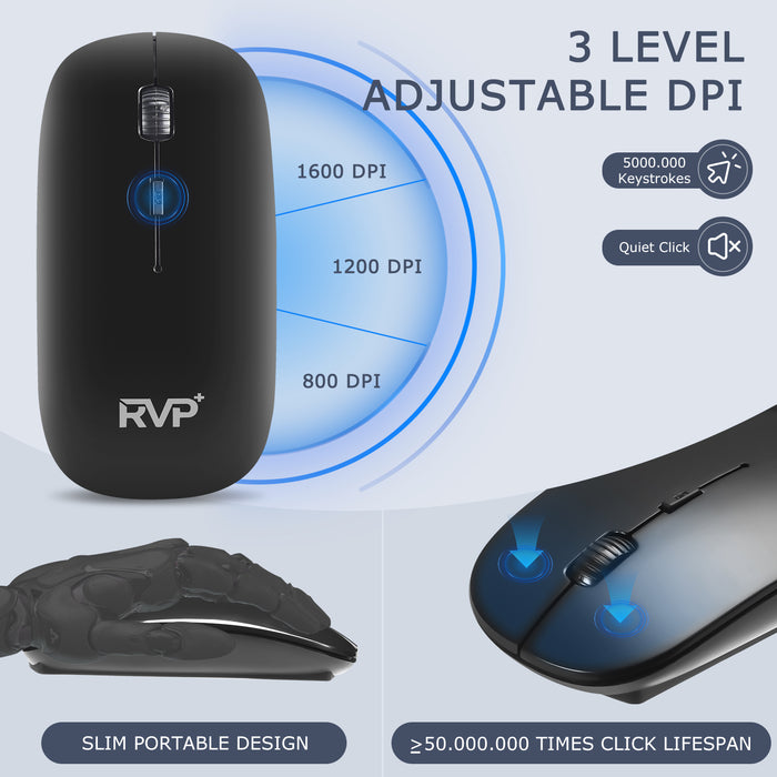 RVP+ Wireless Keyboard and Mouse Ultra Slim Combo, 2.4GHz Cordless USB Mouse and Keyboard PC Laptop Computer - Black