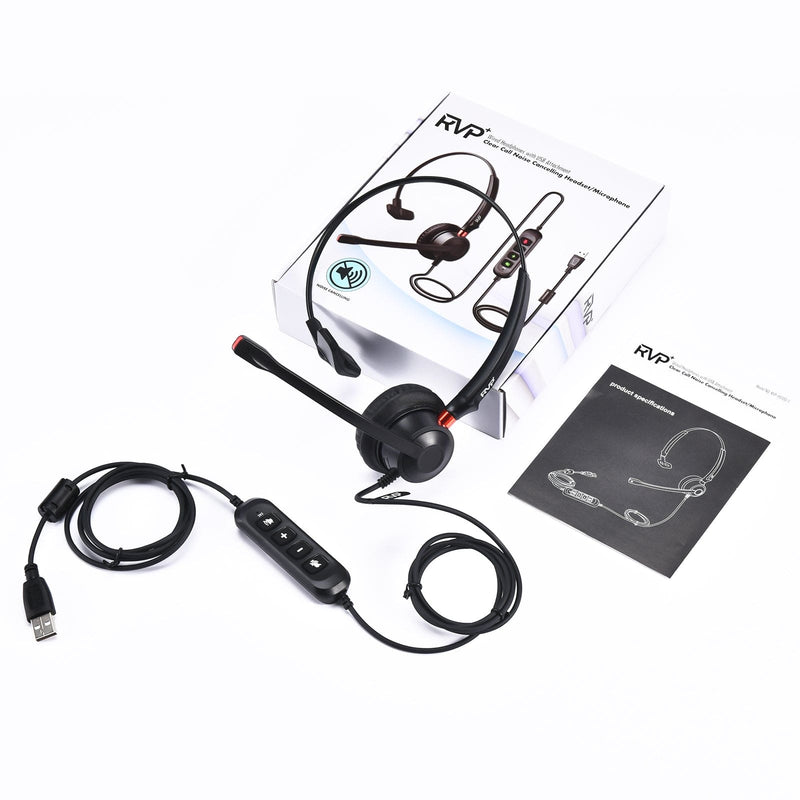 RVP+ USB Plug Corded Noise Canceling Headset with Microphone, Single Ear Headset with Mic, Call Center Headset for Laptop Computer - Black