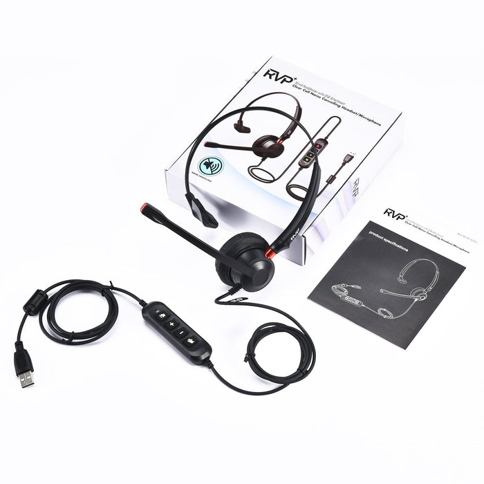 RVP+ USB Plug Corded Noise Canceling Headset with Microphone, Single Ear Headset with Mic, Call Center Headset for Laptop Computer - Black
