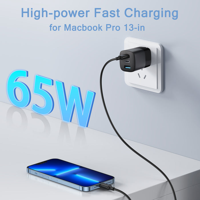 RVP+ 65W USB C and USB A Charger, (GaN) Tech Power Adapter, 3-Port Wall Charger, Foldable Fast Charger