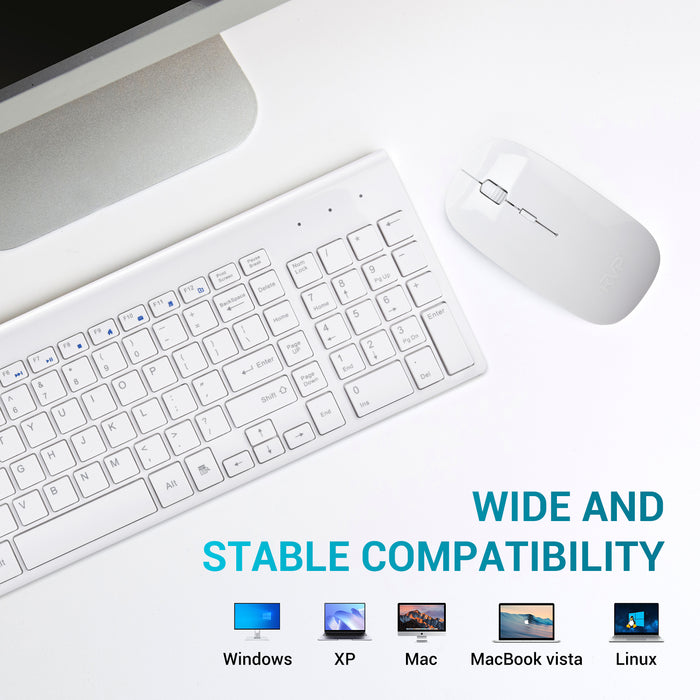 RVP+ Wireless Keyboard and Mouse Ultra Slim Combo, 2.4GHz Cordless USB Mouse and Keyboard PC Laptop Computer - White