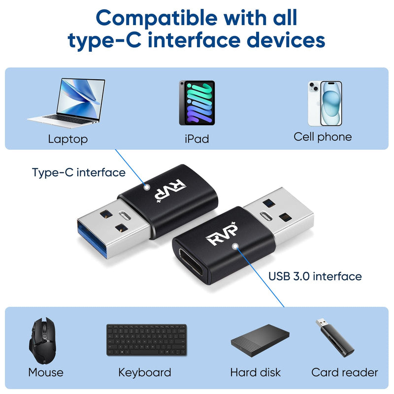 RVP+ USB-C to USB-A 3.2 Gen 1 Adapter (2-Pack, Black)