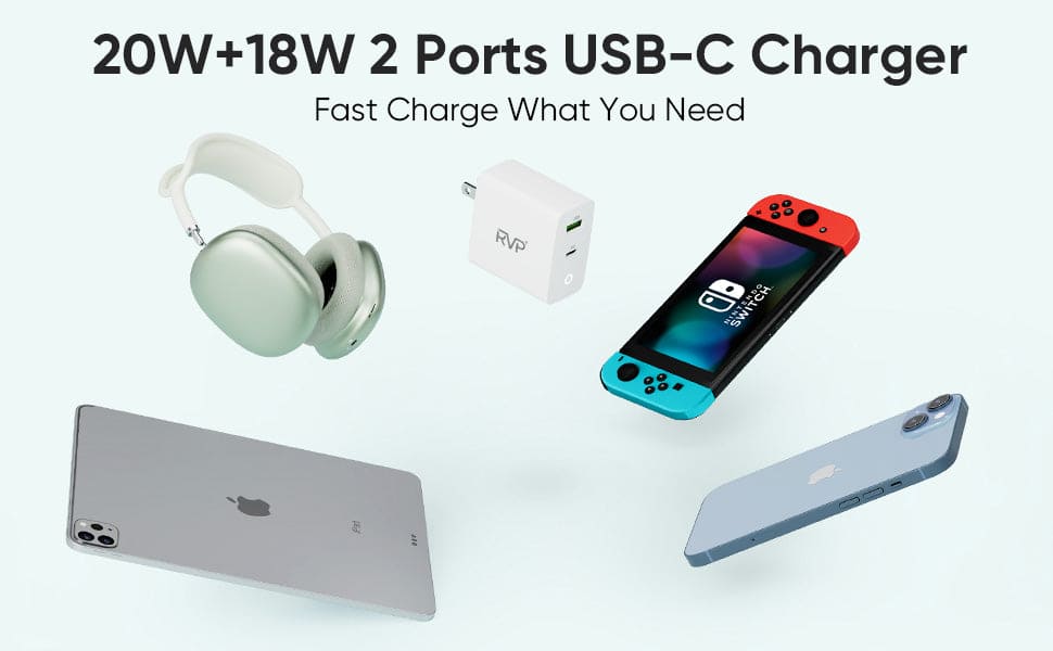 RVP+ USB C Wall Charger Block 38W, Portable 2-Port with USB C/A, PD 3.0-20W, QC 3.0-18W, Fast Charging Plug Adapter Charger