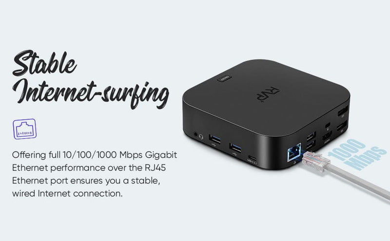 RVP+ Docking Station 3 Monitors USB C, 13-in-1, Triple Display-4K HDMI & DisplayPort Dual Monitors, 5Gbps USB-C/A Data Transfer, 100W Laptop-Charging, Gigabit Ethernet, Audio, Black (RVP-082321)