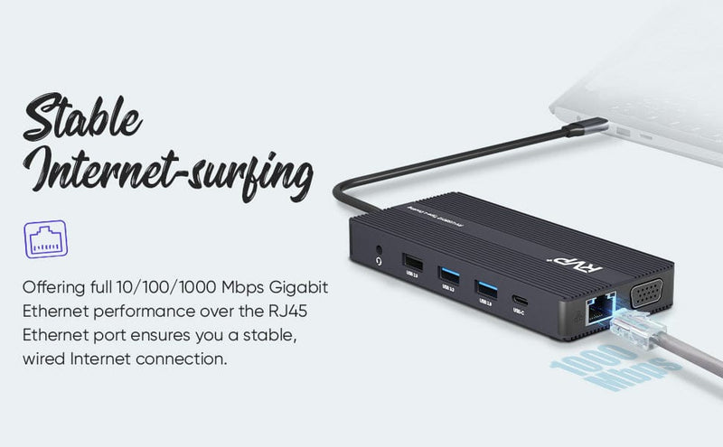 RVP+ Docking Station 3 Monitors, 12-in-1, Tri-Display - 4K HDMI Dual Monitors, 5Gbps USB-C-A Data Transfer, USB 3.0, 100W Laptop-Charging, Gigabit Ethernet, Audio, SD-TF Dongle (RVP-USB012)