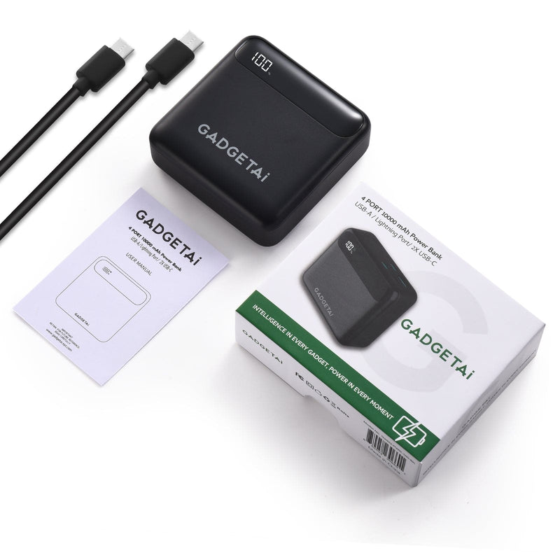 GadgetAI 10,000mAh USB-C Power Bank – Black | High-Speed Charging for Multiple Devices