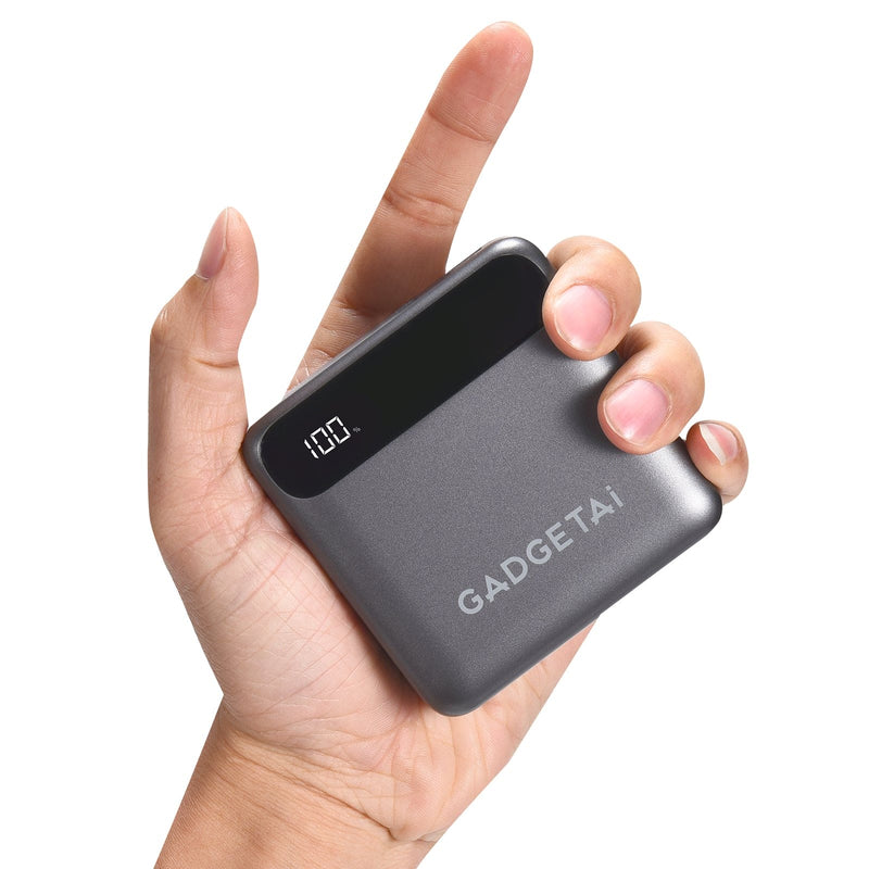 GadgetAI 10,000mAh Slim Power Bank – Gray | Universal Fast Charger with USB-A, Lightning & Dual USB-C