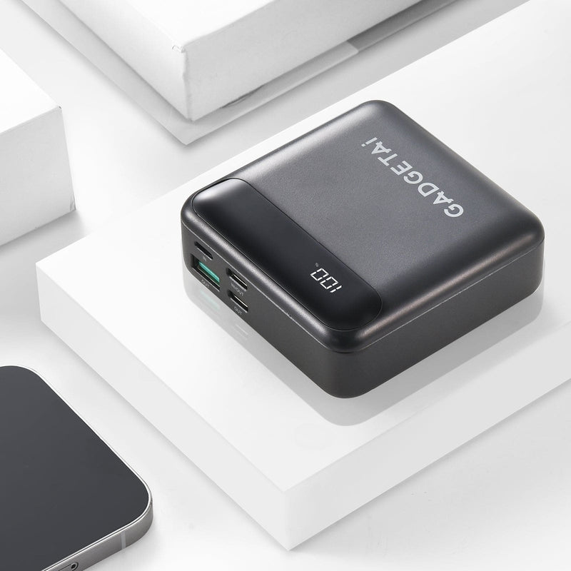 GadgetAI 10,000mAh Slim Power Bank – Gray | Universal Fast Charger with USB-A, Lightning & Dual USB-C