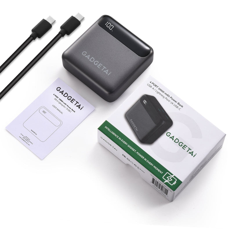 GadgetAI 10,000mAh Slim Power Bank – Gray | Universal Fast Charger with USB-A, Lightning & Dual USB-C