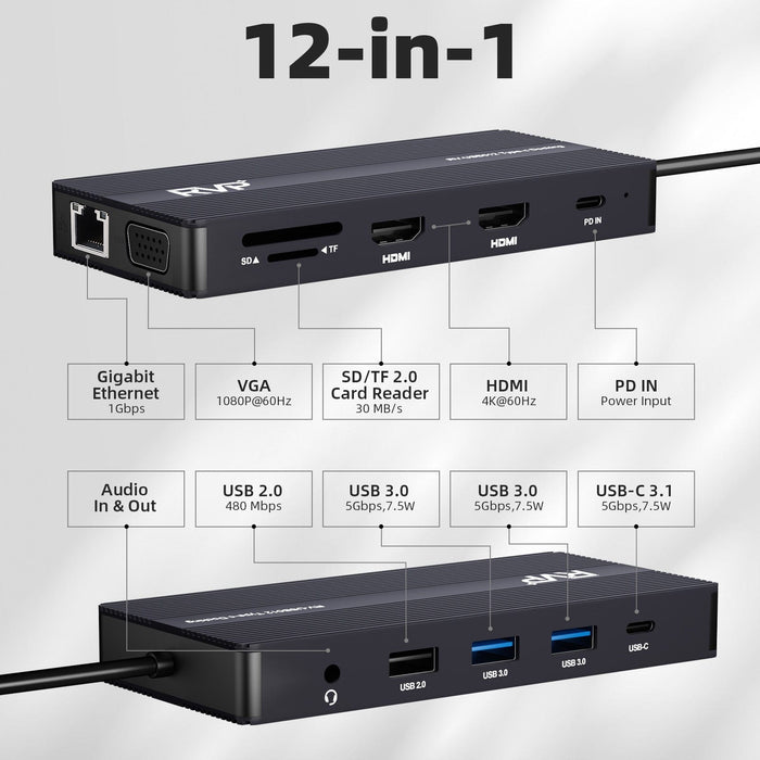 RVP+ Docking Station 3 Monitors, 12-in-1, Tri-Display - 4K HDMI Dual Monitors, 5Gbps USB-C-A Data Transfer, USB 3.0, 100W Laptop-Charging, Gigabit