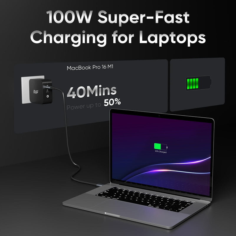 RVP+ 100W USB C Charger GaN(3rd Generation) PD3.0 Tech Power Adapter 2-Port Foldable Wall Charger