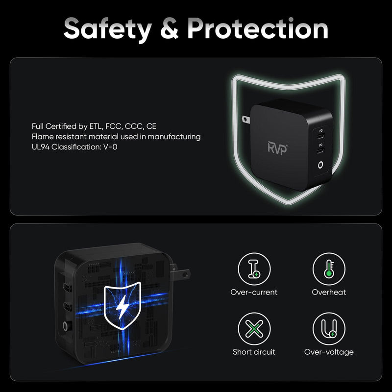 RVP+ 100W USB C Charger GaN(3rd Generation) PD3.0 Tech Power Adapter 2-Port Foldable Wall Charger