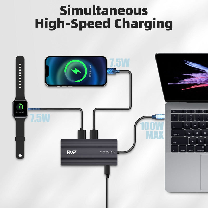 RVP+ Docking Station 3 Monitors, 12-in-1, Tri-Display - 4K HDMI Dual Monitors, 5Gbps USB-C-A Data Transfer, USB 3.0, 100W Laptop-Charging, Gigabit Ethernet, Audio, SD-TF Dongle (RVP-USB012)