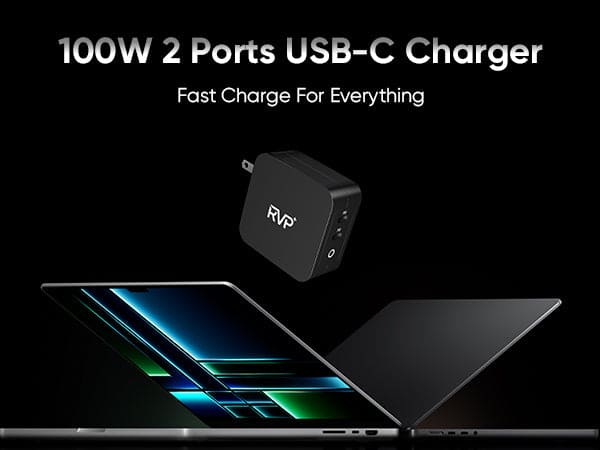 RVP+ 100W USB C Charger GaN(3rd Generation) Pd3.0 Tech Power Adapter 2-Port Foldable Wall Charger