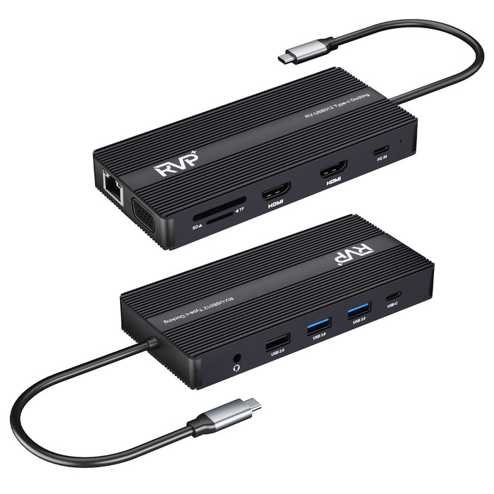 RVP+ Docking Station 3 Monitors, 12-in-1, Tri-Display - 4K HDMI Dual Monitors, 5Gbps USB-C-A Data Transfer, USB 3.0, 100W Laptop-Charging, Gigabit Ethernet, Audio, SD-TF Dongle (RVP-USB012)