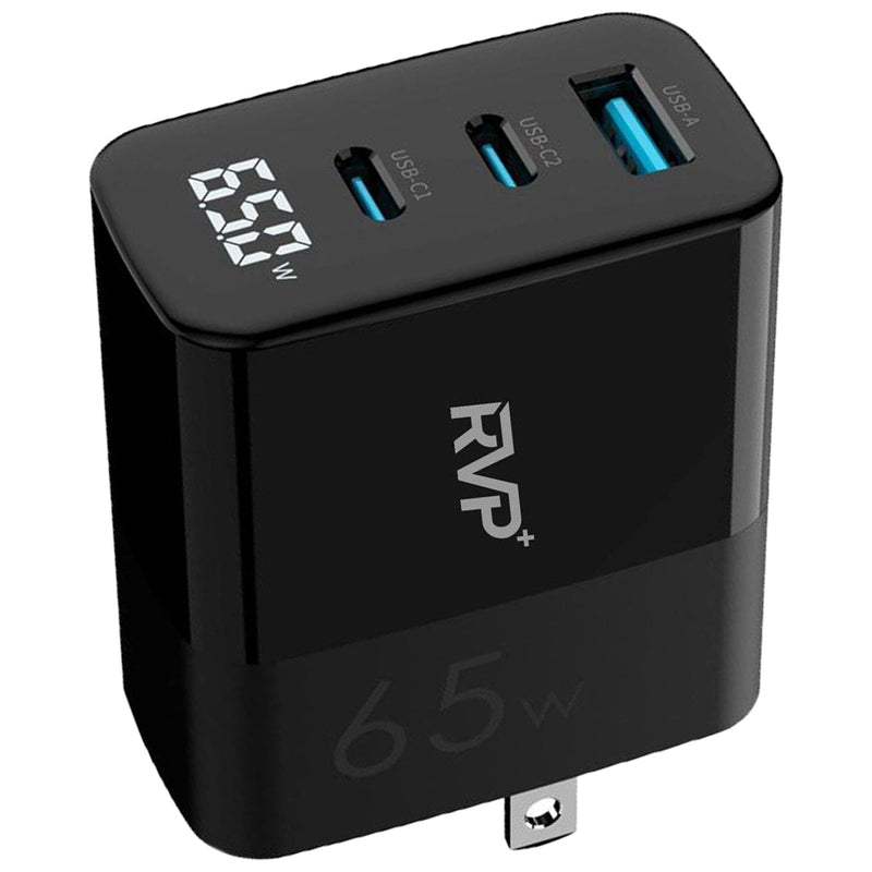 RVP+ 65W GaN USB-C Wall Charger – 3-Port Fast Charging Power Adapter for Laptops, Phones & Tablets – Black